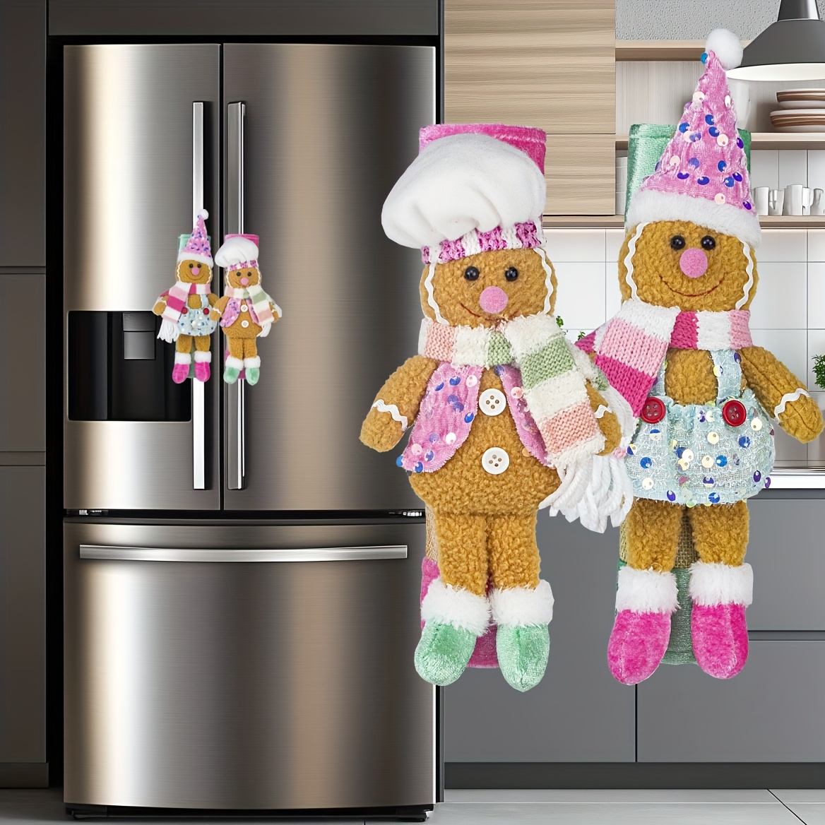 TEMU 2025 New 2pcs Christmas Decorations Refrigerator Door Handle Cover Christmas Gingerbread For Man Kitchen Utensils Handle Cover Refrigerator