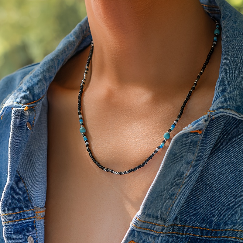 Men's Bohemian Beaded Necklace with Turquoise Stone Accents