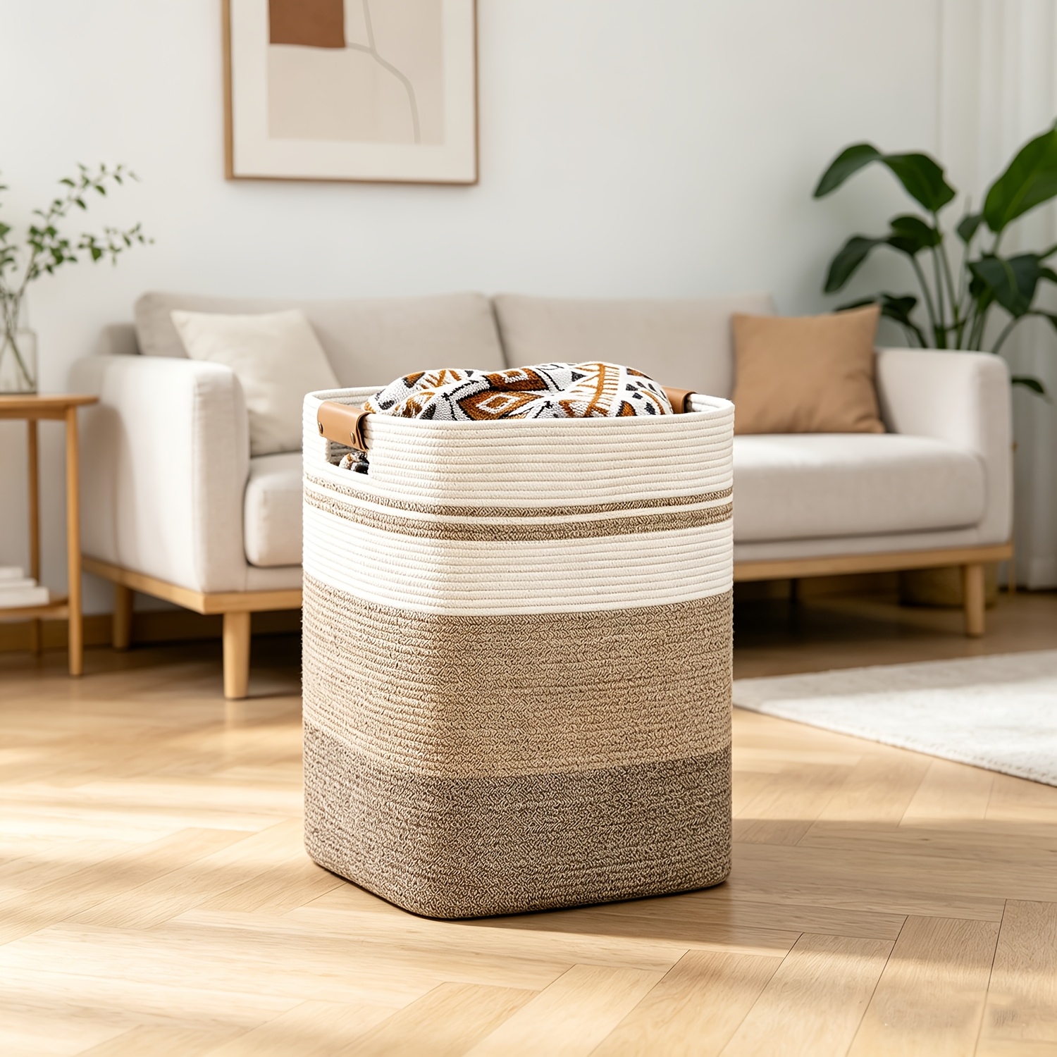 Rectangle Laundry Basket, Large Laundry Hamper with Handles, Blanket Basket for Living Room, Woven Decorative Storage Basket for Clothes, Gradient Yellow, Shelf Baskets