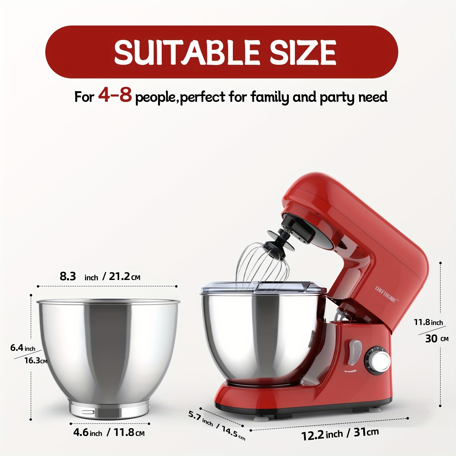 stand mixer 6 speeds 4 5 quart mixing bowl egg whisk flat mixing paddle dough hook and splash guard with pour spout red   985r details 4