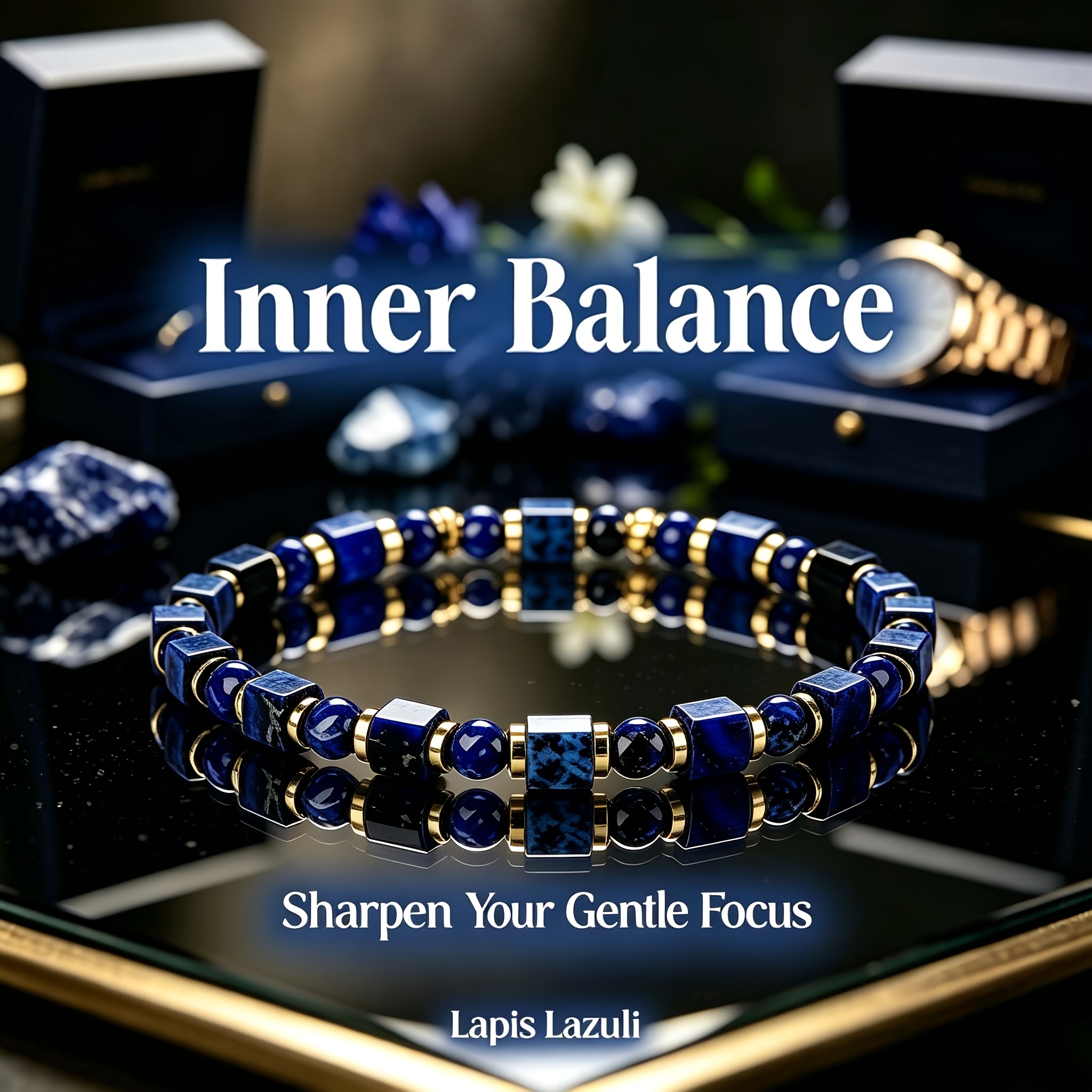 TEMU Bracelet 1 pièce Équilibrage Intérieur Lapis- pour Votre Douce Concentration, Bracelet Décoratif à Bordure Dorée pour Tenue Quotidienne