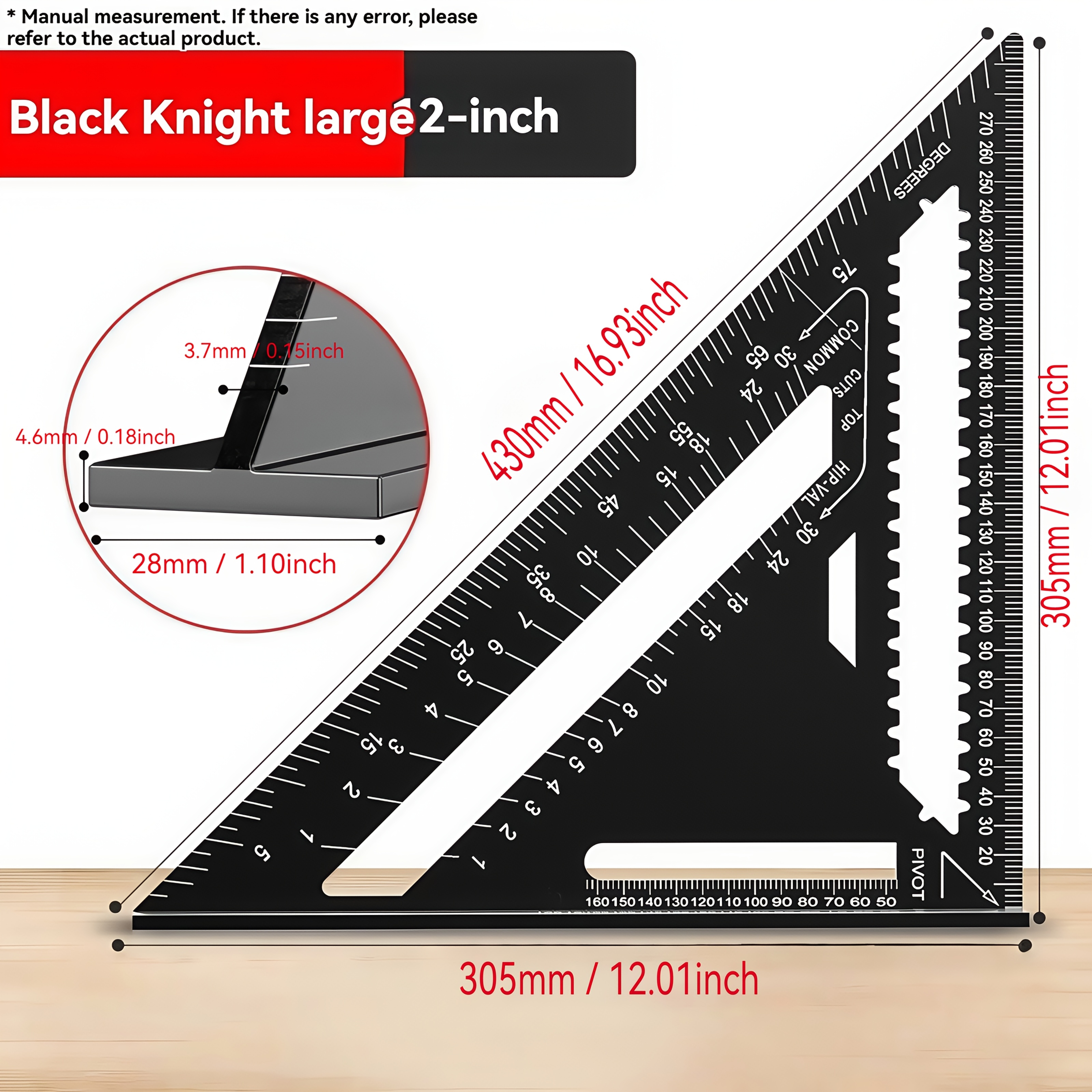 12-inch Black Aluminum Alloy Triangle Ruler - Precision Woodworking Measuring Tool With Angle Protractor And Metric Scale, Durable Metal Construction For Reading Protractor And Layout Gauge