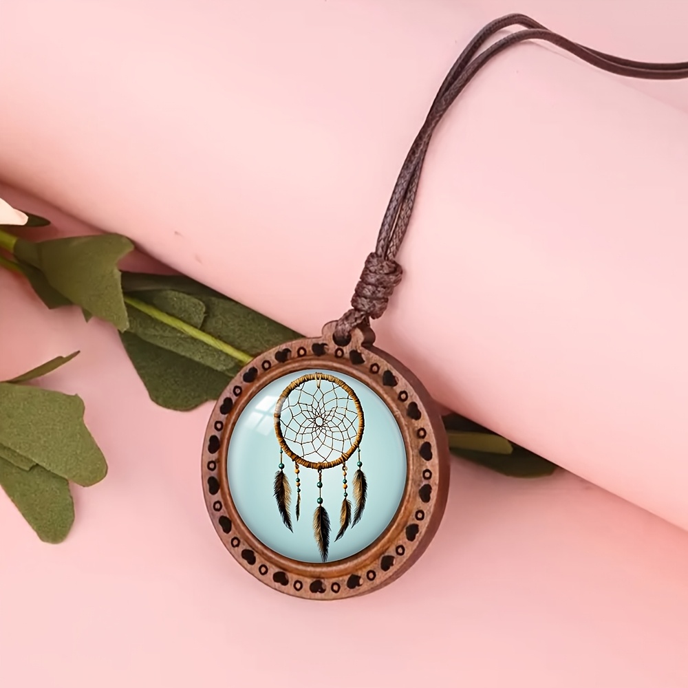 Bohemian Dream Catcher Necklace with Wood Beads, Gift Ready