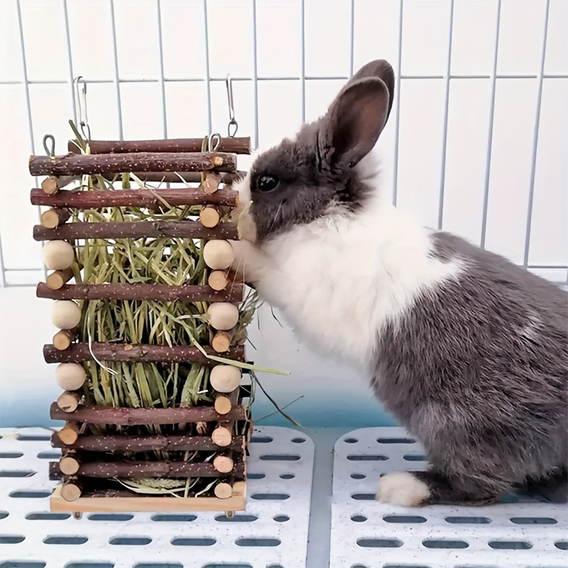 Image of Durable Wood Hanging Hay Feeder & Chew Toy For Small Pets - Chinchilla, Rabbit, Guinea - Dual Hooks For Cage Attachment With Biting Resistance