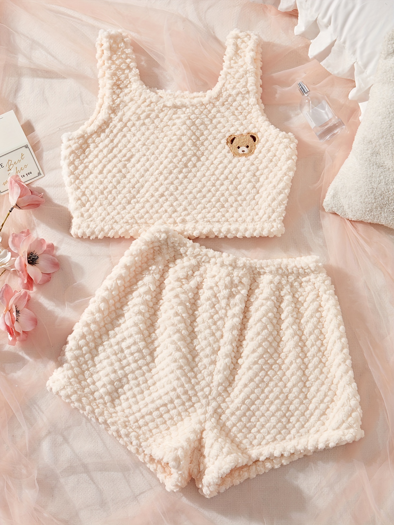 teddy bear embroidery cute sleeveless vest shorts apricot velvet