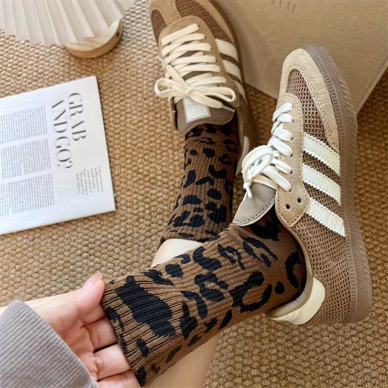 

6 Pairs Of Women's Mid-calf Socks Autumn And Leopard Print Socks Gray Long Socks Casual Sports Style Socks For Women With De Training Shoes