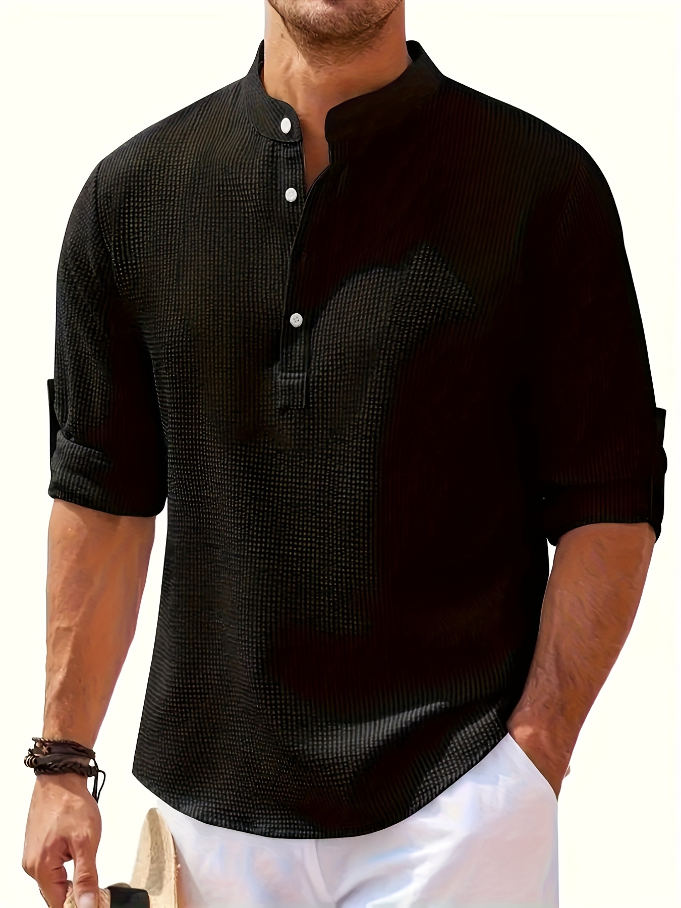 mens casual long sleeve shirt retro semi open collar rolled cuff options stand up collar solid color button detailing machine washable spring autumn casual  