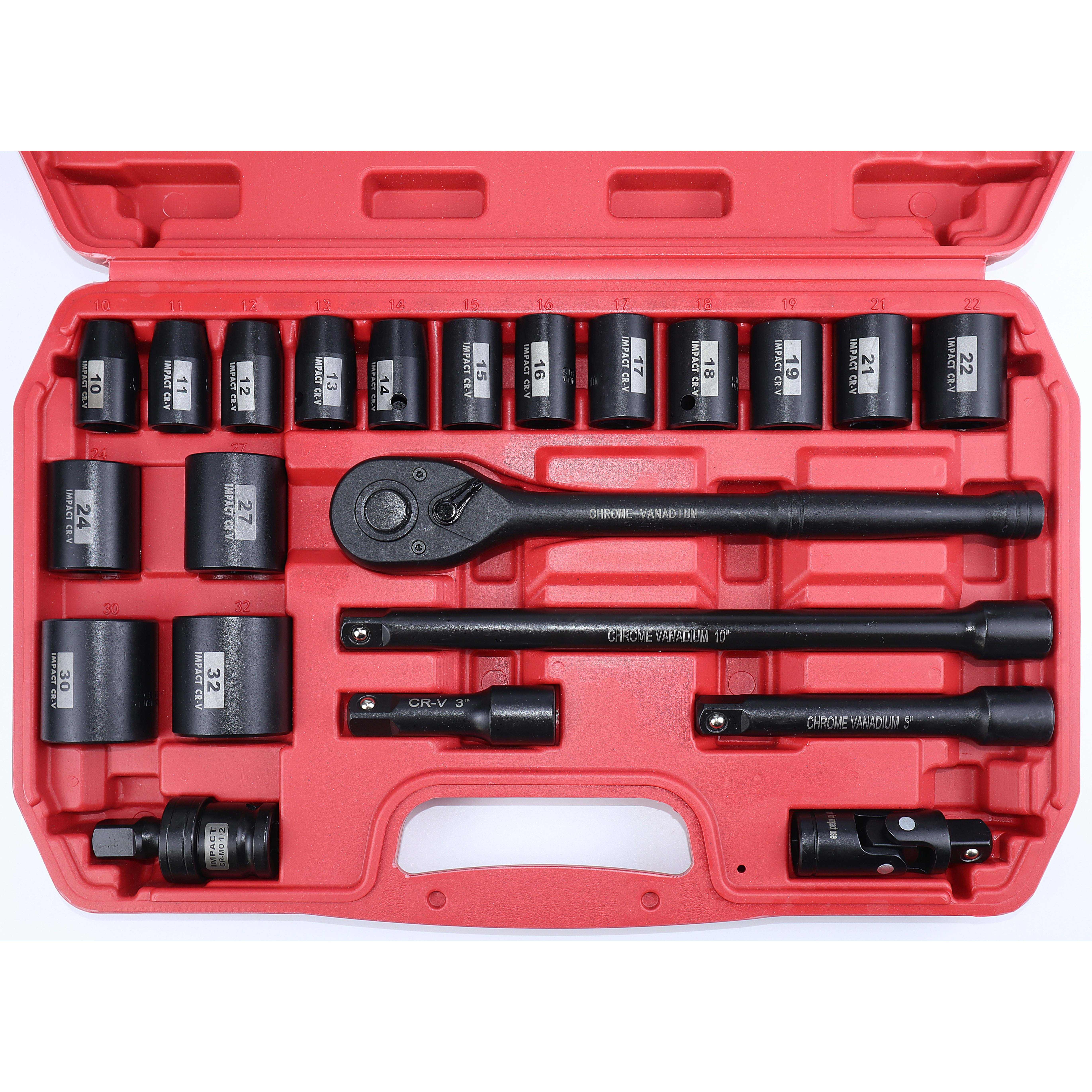 

22pcs 1/ Shallow Set, 1/2- Set, (10-19, 21, 22, 24, 27, 30, 32mm)6 , Cr-, Includes Bar, Universal Joint And