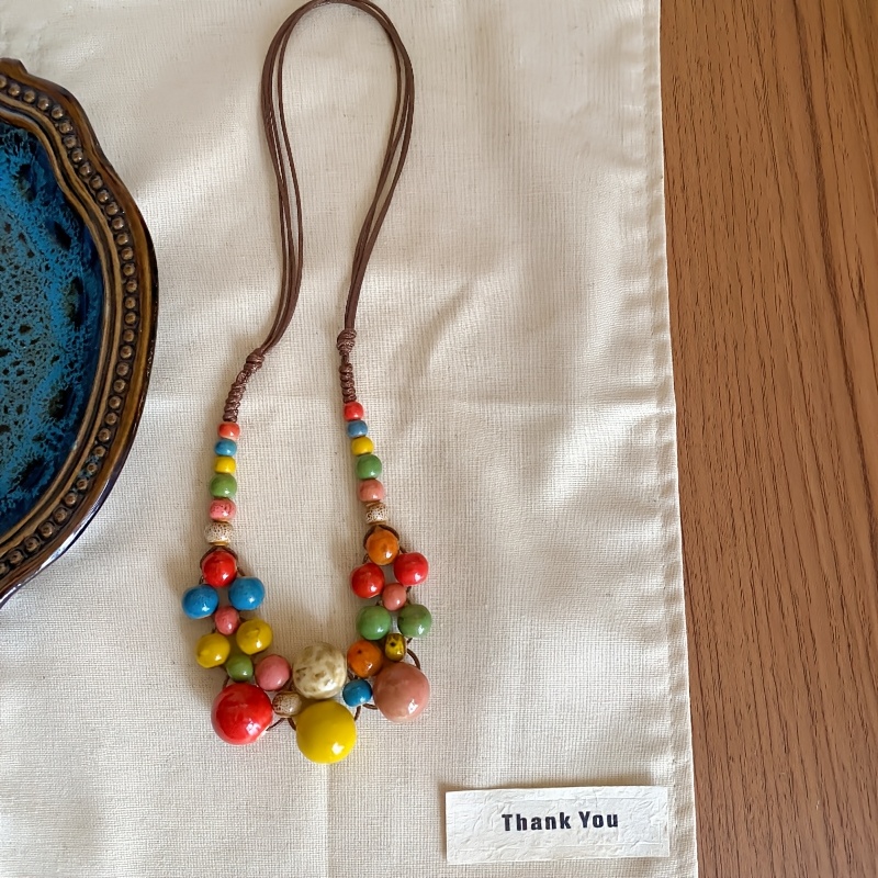 Image of Bohemian Ceramic Bead Necklace With Sliding Adjustable Chain - Earthy Tones & Vibrant Hues, Handcrafted Ethnic Jewelry For Women, Perfect For Parties, Gifts & Wear, Boho-chic Beaded Necklace
