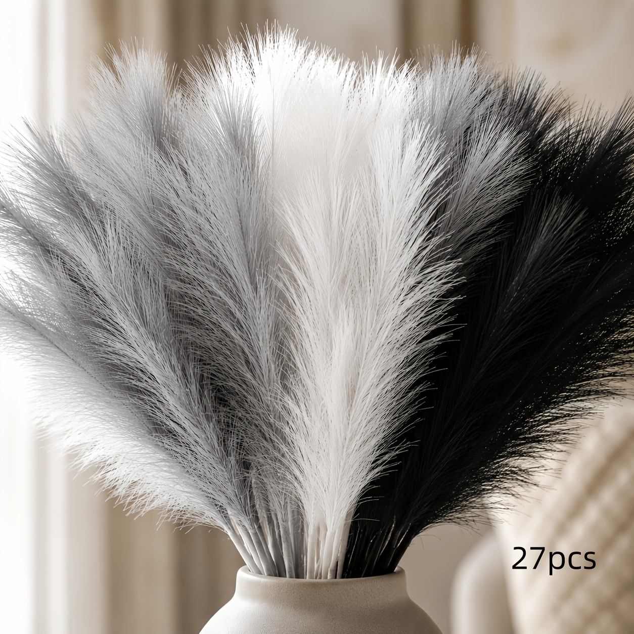 TEMU Ensemble de 27 pièces de bouquet décoratif haut de gamme en faux tricolore gris, , branches de quenouilles , fleurs artificielles duveteuses et