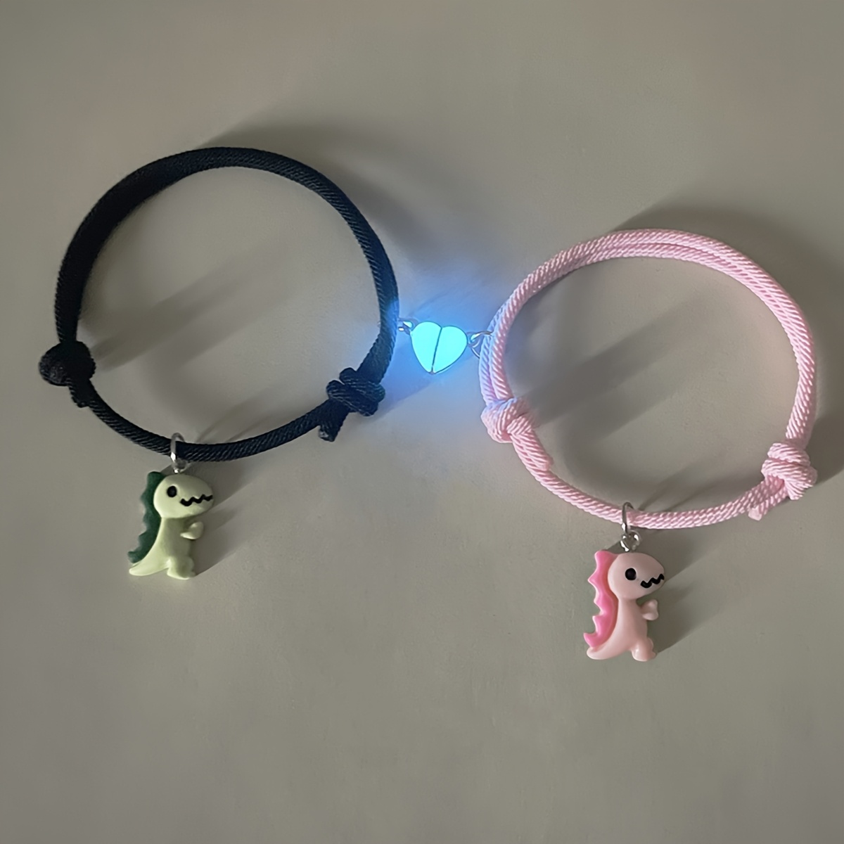 Image of 2pcs/set Luminous Peach Heart Green Pink Dinosaur Pendant Couple Bracelet Fashion Hand-woven Bracelet