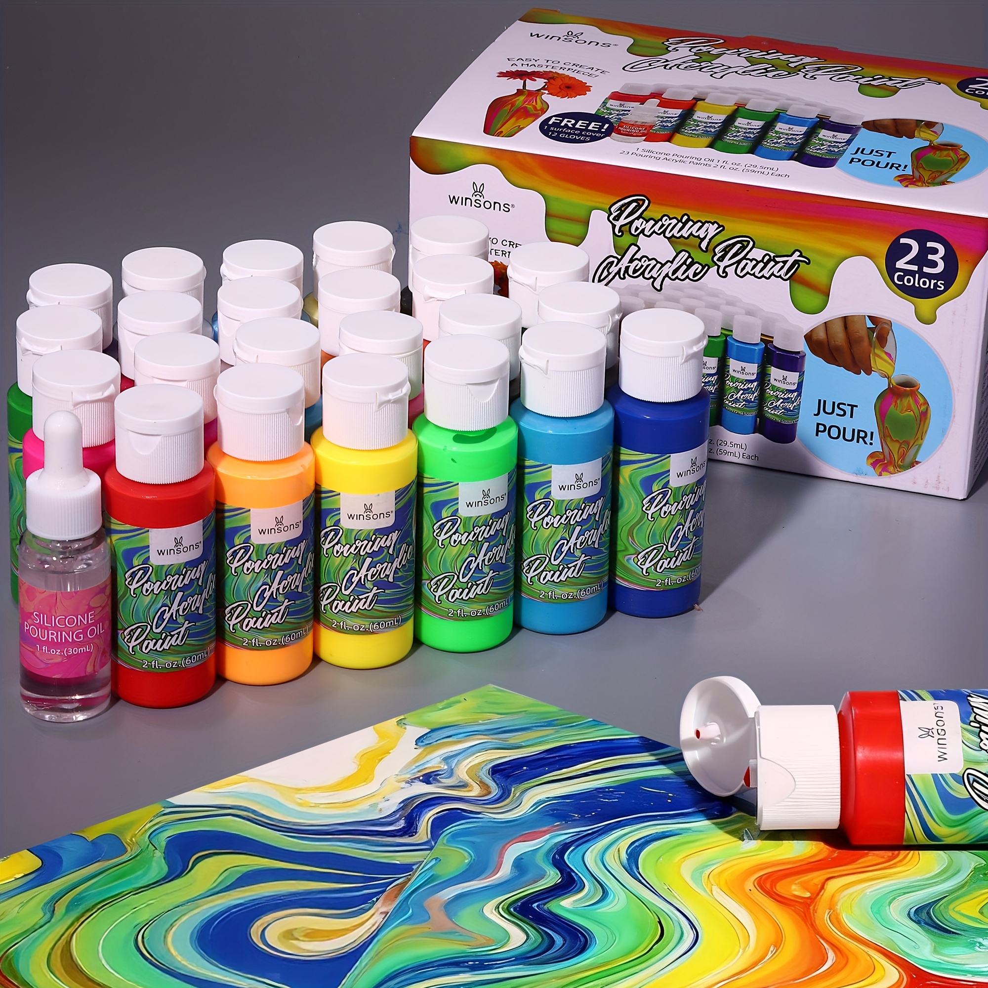 TEMU 24pcs Winsons Best Craft Acrylic Pouring Paint Set, 23 Bottles (2oz/60ml) Acrylic Paint, Vibrant Colors, Non-toxic, Pre-mixed Craft Paint For