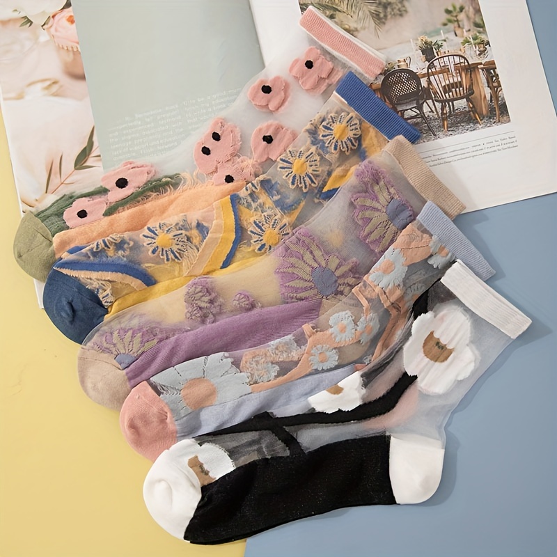 

5 Pairs Floral Lace Mesh Socks, Sweet & Cute Transparent Mid Tube Socks, Women's Stockings & Hosiery