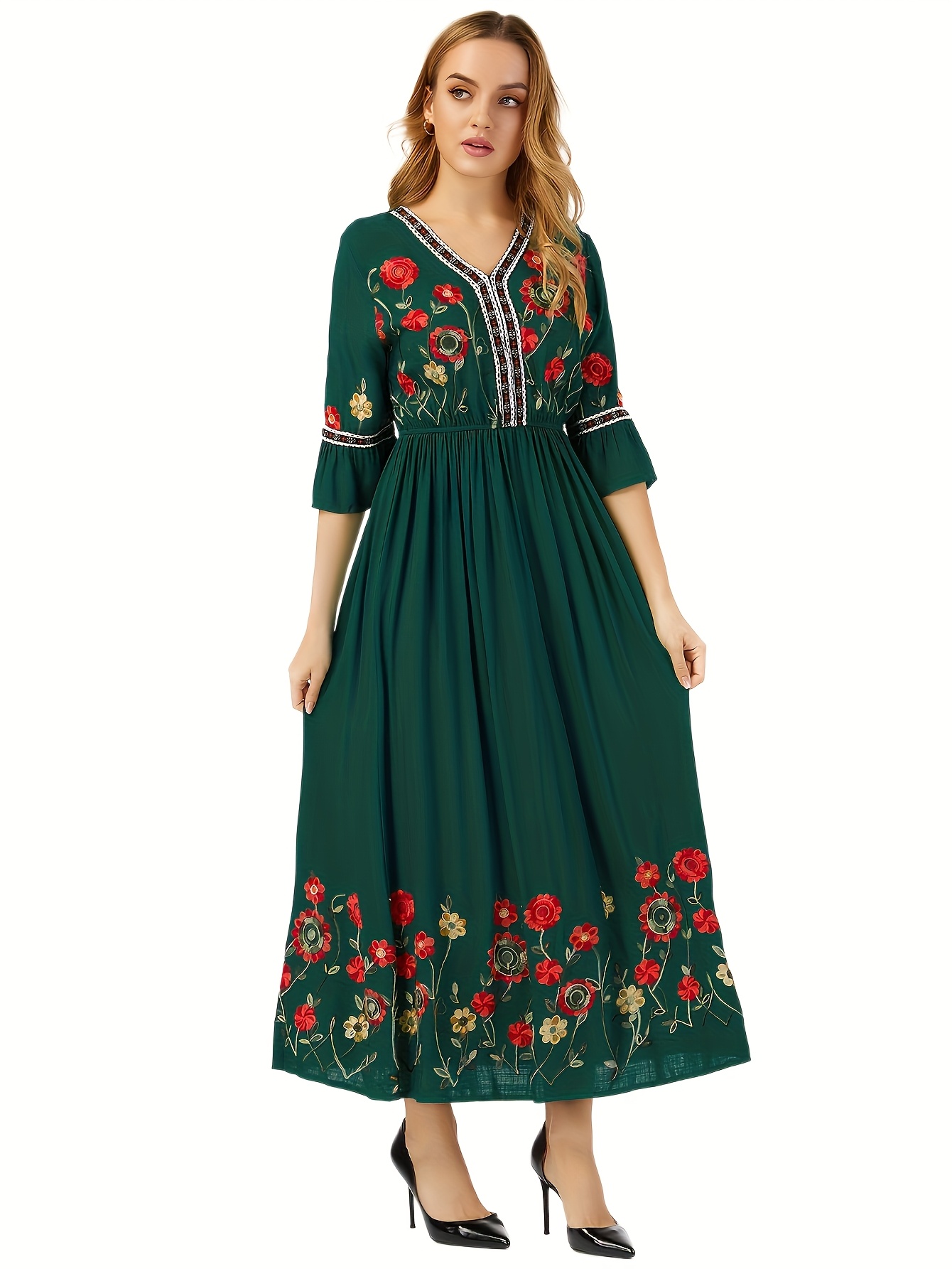 elegant green embroidered maxi dress with v neck and ruffle sleeves floral pattern long length   adult women   wear floral dress