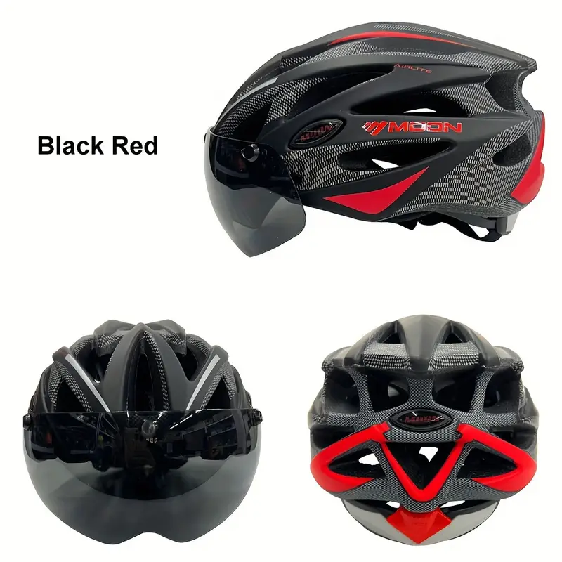moon ultralight cycling helmet with removable visor black red adjustable multi use for road mountain biking unisex adult uncharged unisex cycling gear modern helmet design adjustable strap helmet details 22