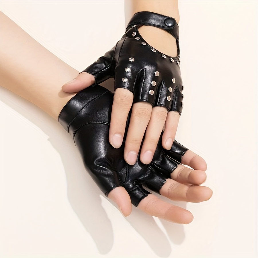 

1 Pair Trendy Punk Fingerless Gloves, Rivet Studded Hollow Out Design, Short Half-finger Hip Hop Rock Biker Driving Gloves For Women