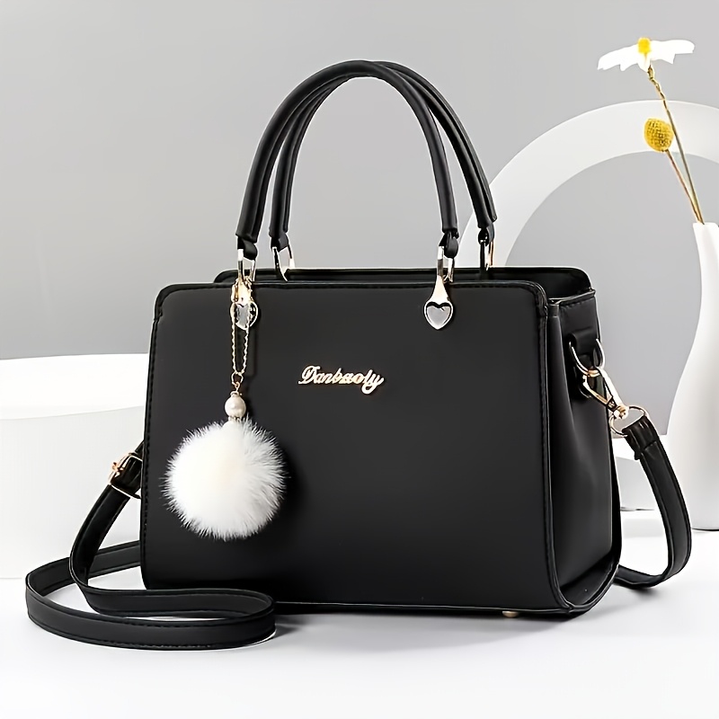 TEMU A Stylish Solid Color Handbag With Pom-pom Decorations, Suitable For Women, Featuring Multiple Compartments And Perfect For Office Dates
