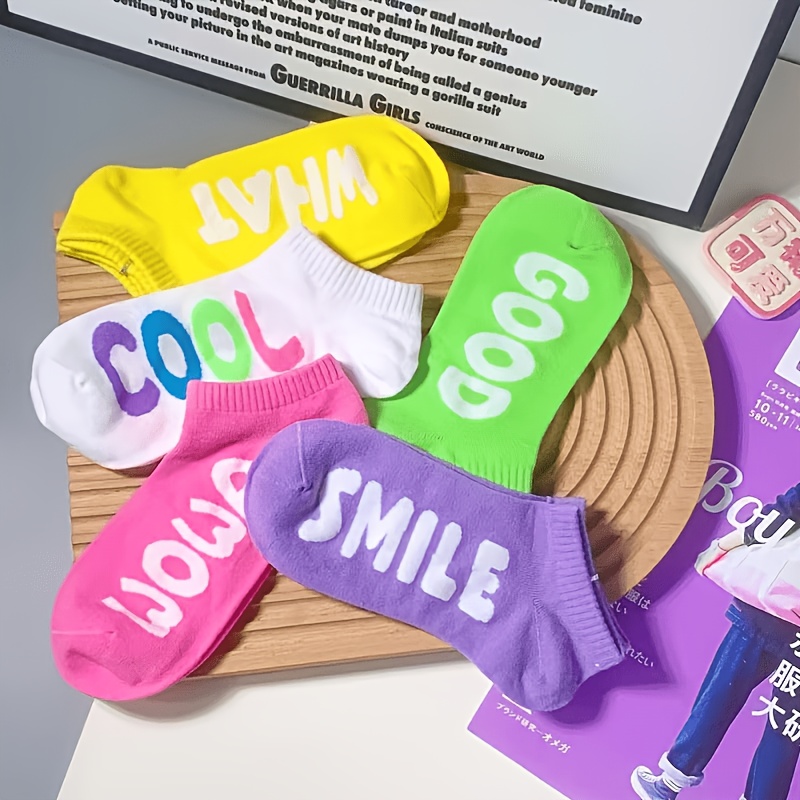 TEMU 5 Pairs Spring Summer Colored Short Socks, Anti-slip Thin Letter All-match Candy-colored Short Socks