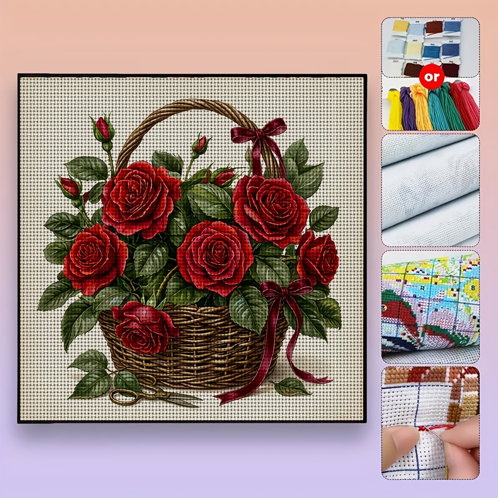 DIY Cross-Stitch Printed Kit, Woven Basket with Red Roses