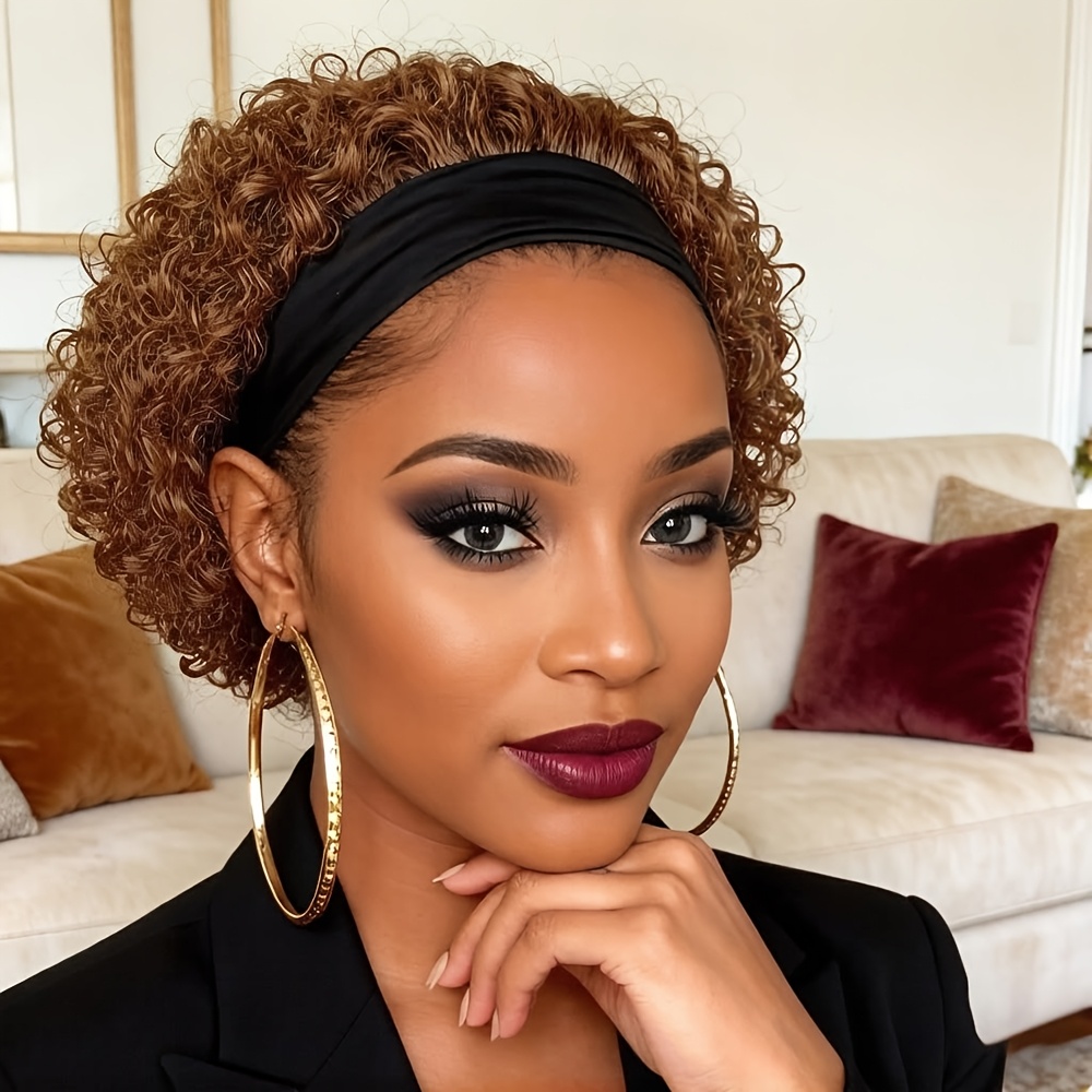 Short Headband Wig Human Hair For Women Cut Wig No Glue Wig Short Curly Hair Headband Wig For Ladies Density Made Glueless Wigs For Beginners Friendly