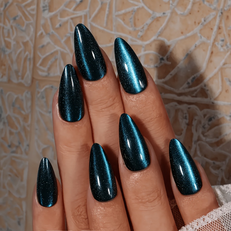 TEMU Royal Blue Cat- Almond-shaped Press-on Nails, 25pcs Set Including 24 Wearable Nails + 1 Nail File, Light Luxury High-end Style, Detachable And