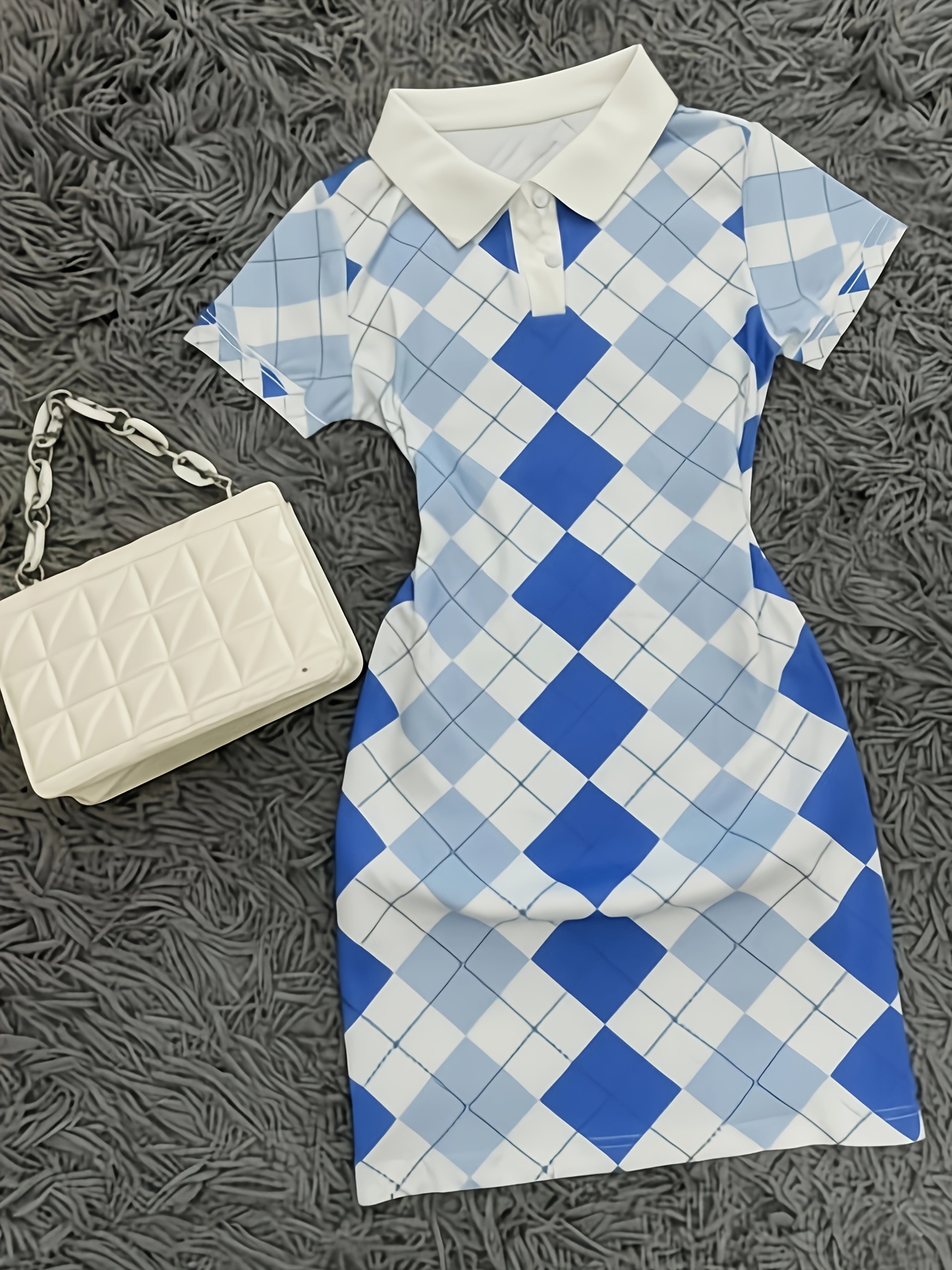 blue white argyle collar dress short sleeved fit - Temu Qatar