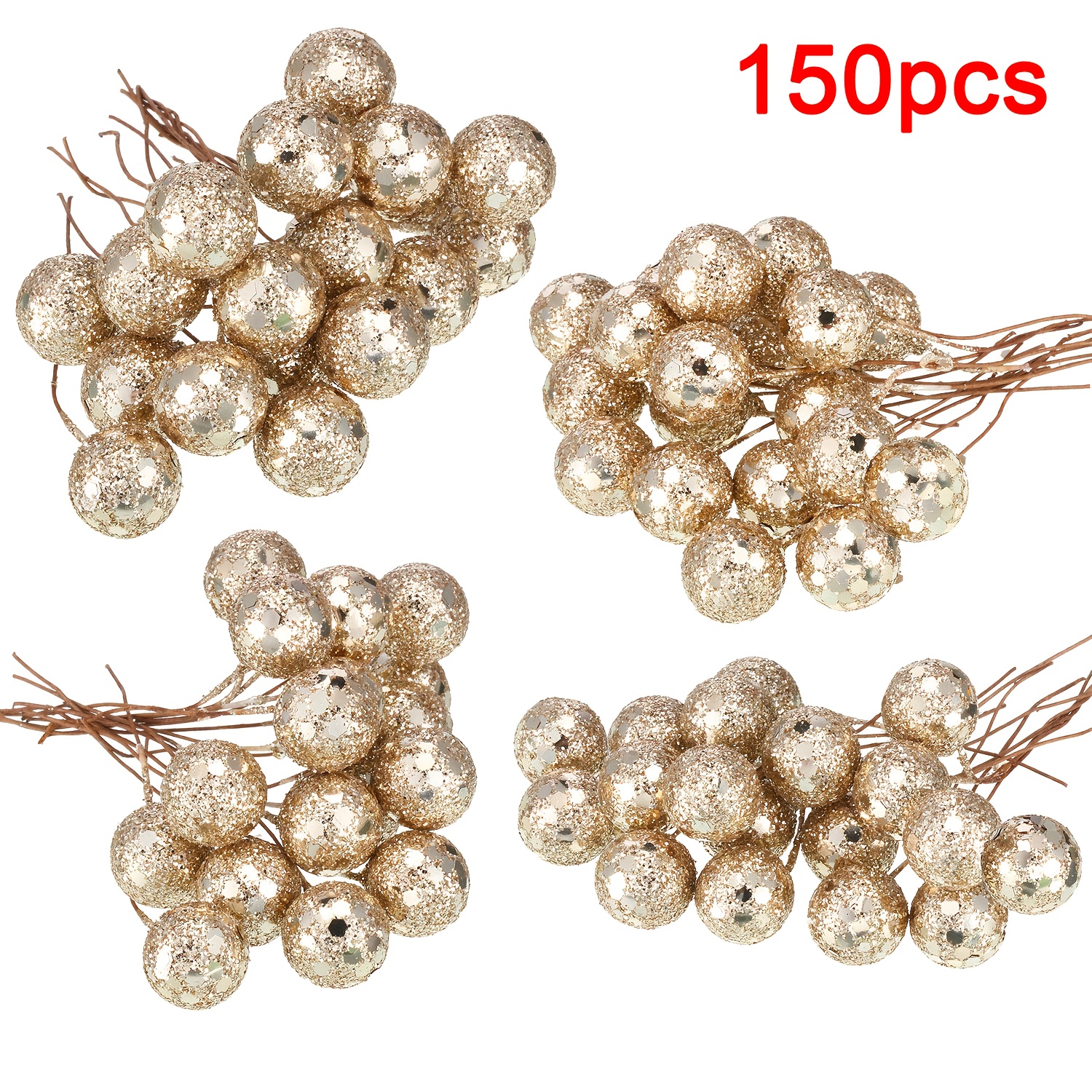150pcs 1.2cm/0.47in Fake Berries Decor On Wire For Christmas Tree Decorations Flower Wreath Craft Use