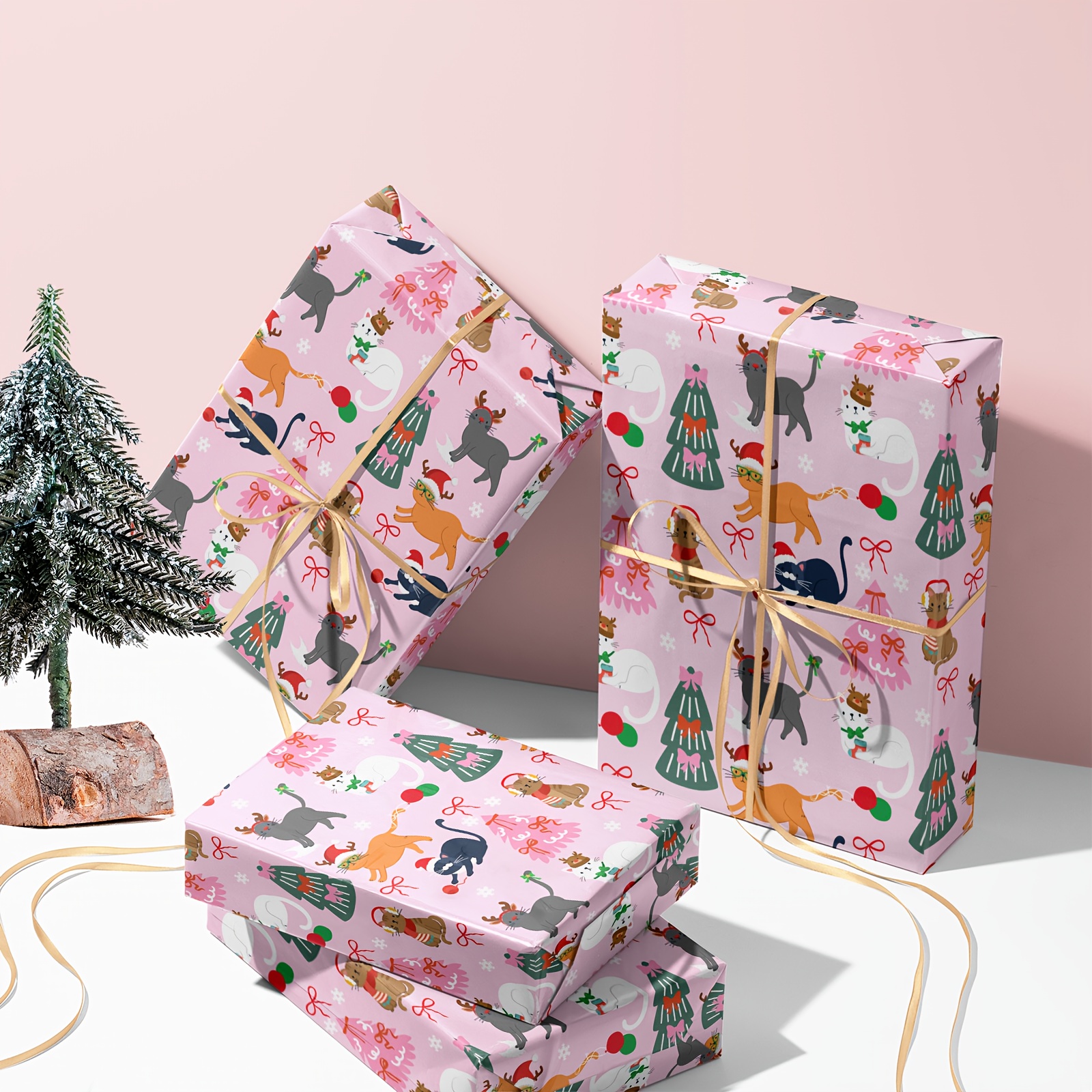 Image of 1 Roll Christmas Wrapping Paper | Pink Background Cartoon Christmas Cats And Christmas Trees Pattern For Christmas Gifting, Gift Wrapping, Holiday Decoration, Party Setup - 43 Cm X 500 Cm (17 16.4 Ft)