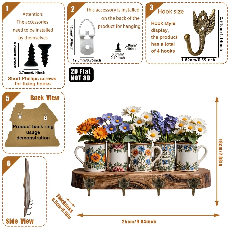 2D Flat. 1pc. Rustic Floral Ceramic Mug Wooden Key Hook - a Multifunctional Wooden Key Rack with Four Metal Hooks, Wall Decoration, Room Decor, Seasonal Home Decor (24.99X17.98 cm) Ornament