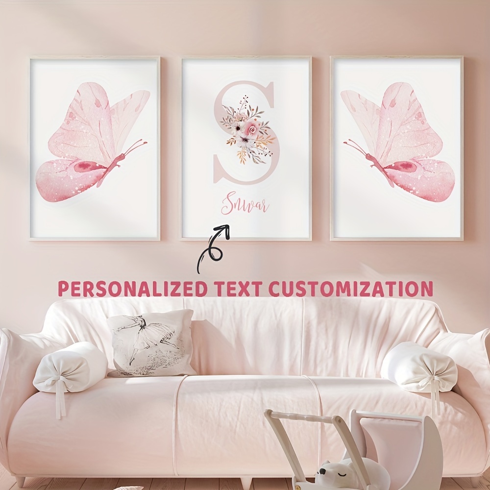 

Set Of 3 Personalized Art Deco Canvas Prints - Modern Glam Animal Print Wall Hangings, Custom Name Floral Artwork For Girls Bedroom, Nursery, Kid's Room Decor, Indoor Portrait Poster Without Frame