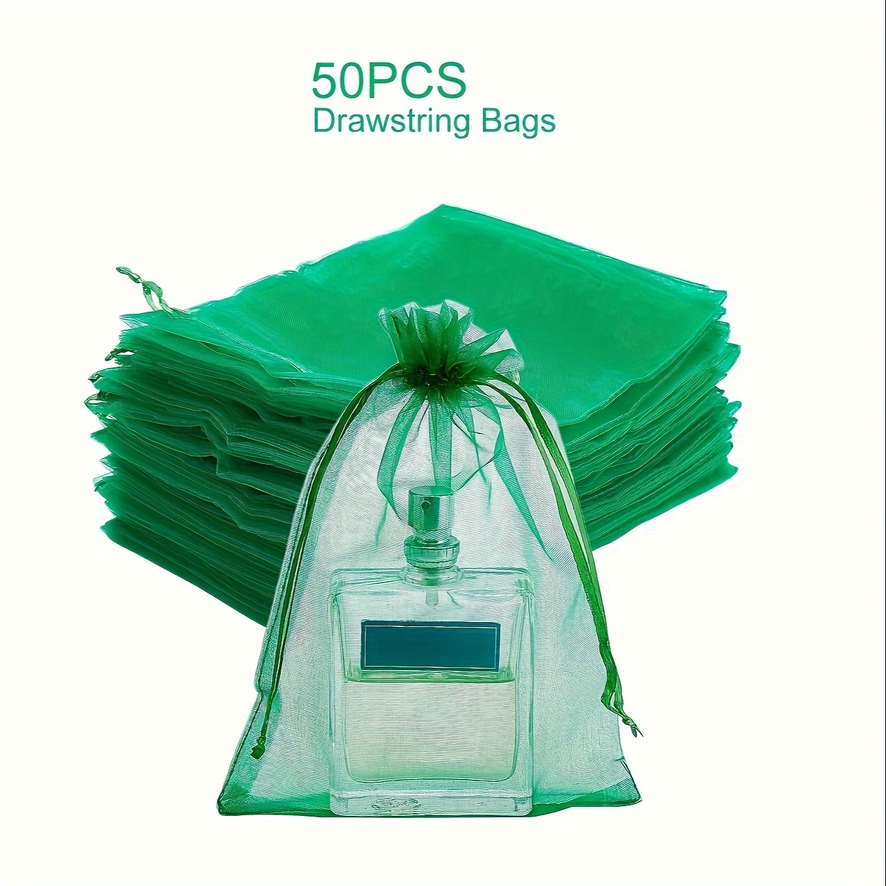 

50 Pcs Green Organza Drawstring Bags, Polyester Jewelry Pouches For Party Favors, Christmas Birthday Holiday Gift Packaging.