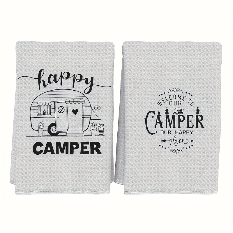 E-shop 2 Vintage Camping Küchenhandtücher - 40x60 cm, Vintage Design mit "Happy " "Welcome to Our " Motiven, Ultraweiche -Servietten für rustikale