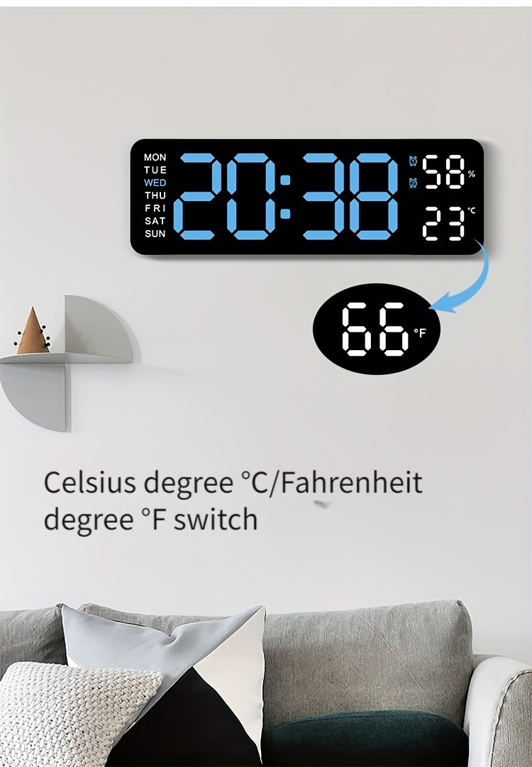Большие цифровые настенные часы с экраном и внутренней температурой, простые северные часы для гостиной и рабочего стола с светодиодным будильником, подробности 3.