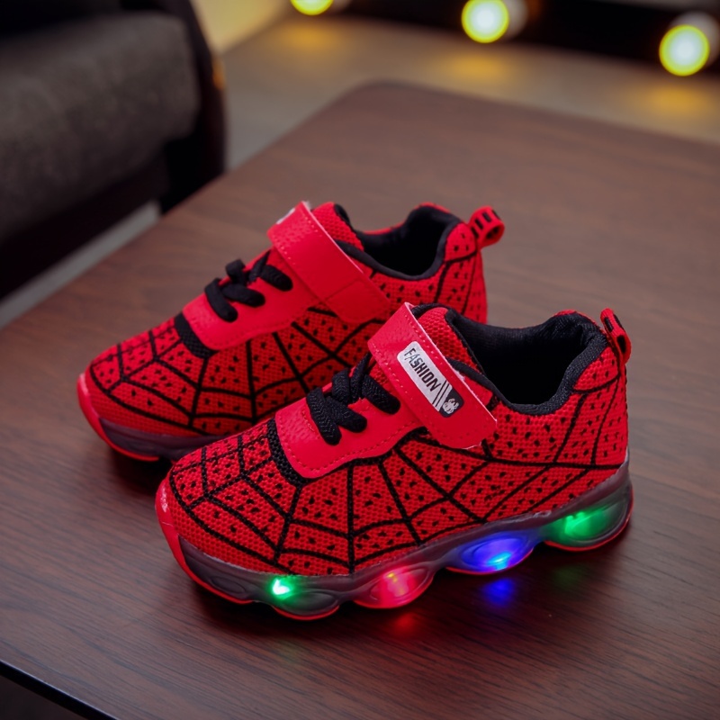 

Trendy Cool Spider Net Low Top Sneakers With Led Light For Boys Kids Teenager, Breathable Lightweight Anti Slip Sneakers With Hook And Loop Fastener For Outdoor Walking Running, Spring And Autumn