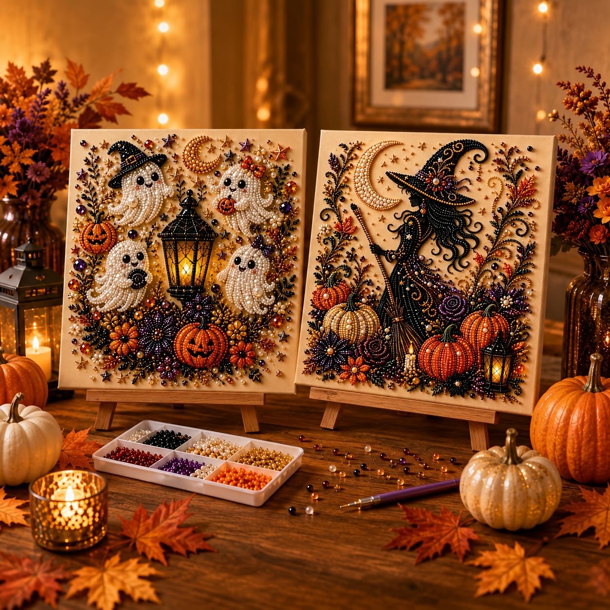 TEMU 2 Sets de Nouveaux Kits d'Art de Perles d'Halloween avec Cadres, Artisanat de Peinture de 3D et (Style Adulte), Décoration Murale d'Automne ,