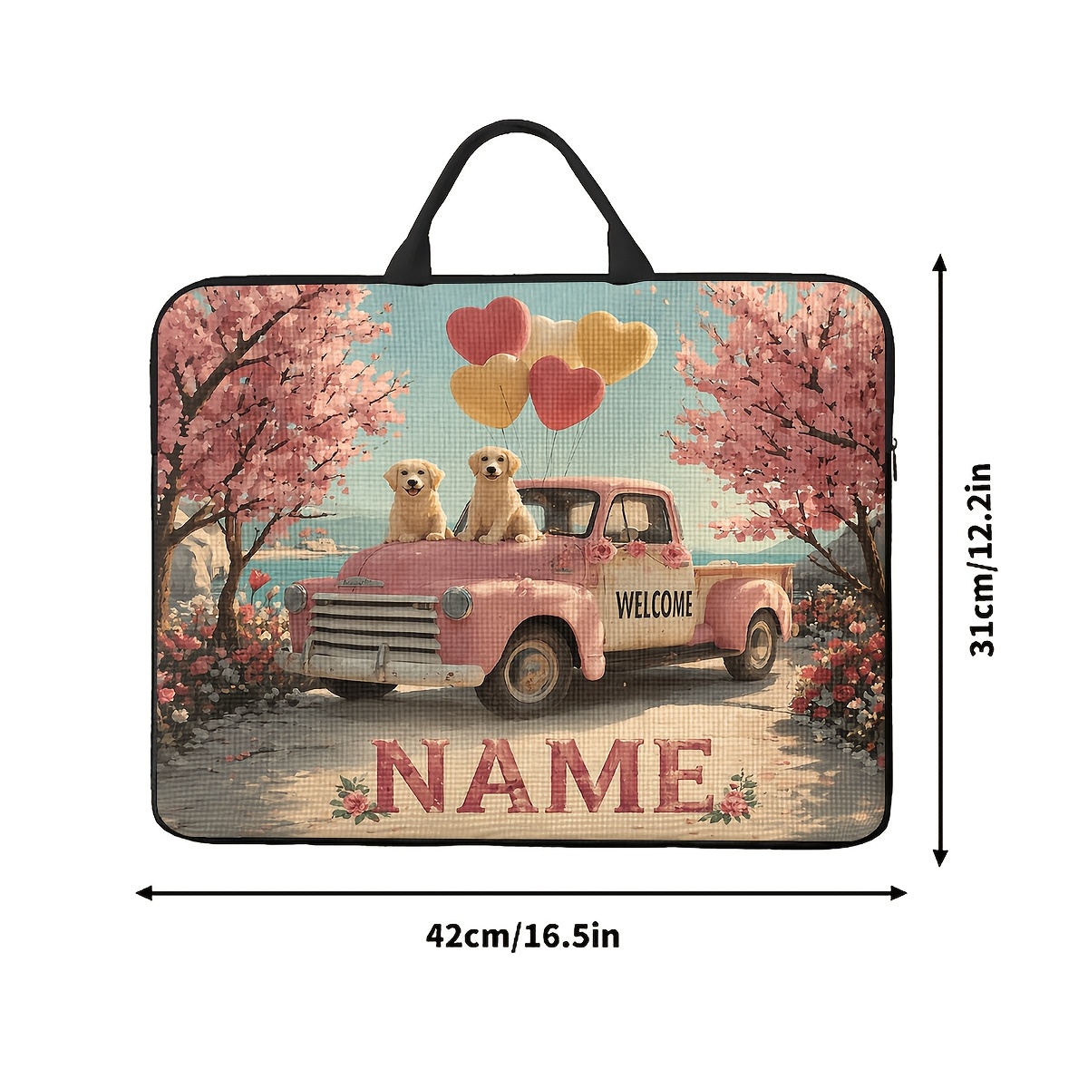 Customized Pink Truck Puppies Themed Laptop Bag with Handle