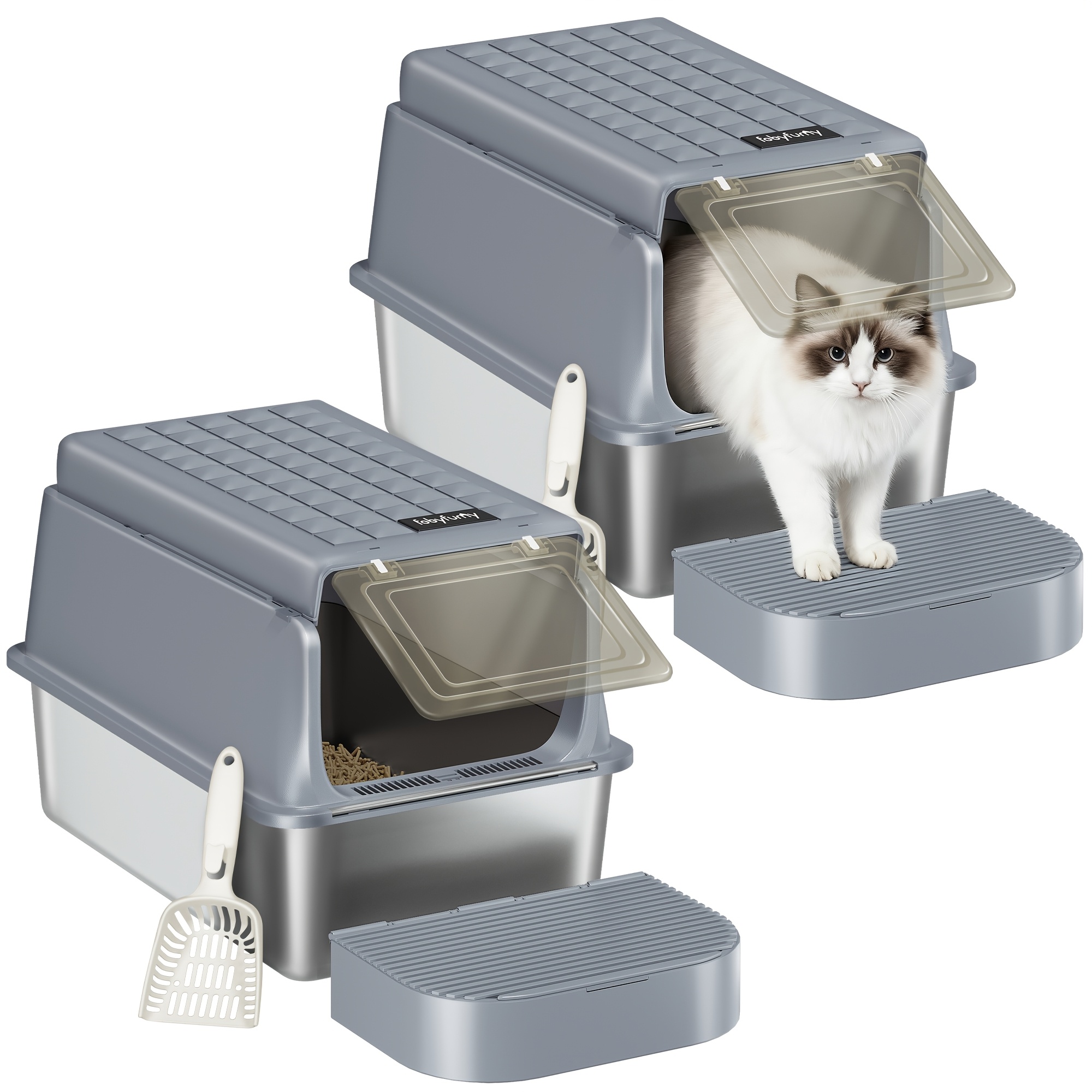 Image of 2 Stainless Steel Cat Litter Tray With , Xl Enclosed Litter Box, With Cat And , Removable, 120° Design, Easy To Clean