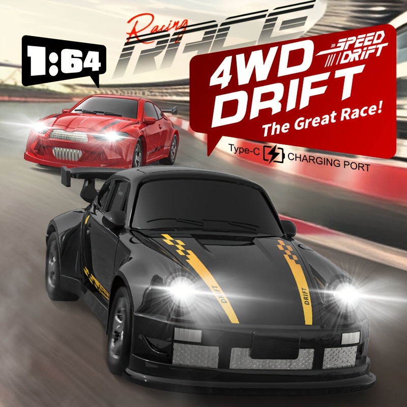 4WD RC Drift Car with Lights, 1:64 Scale Remote Control Toy