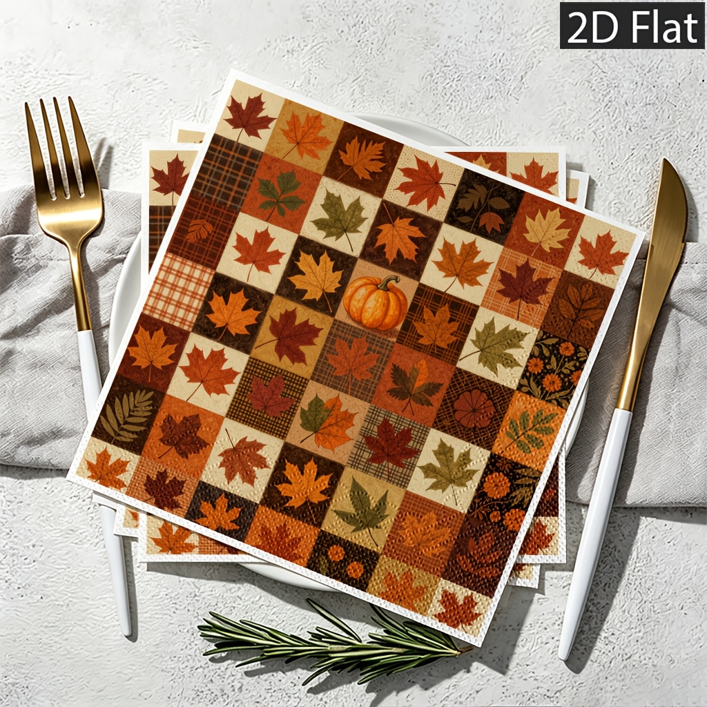 TEMU 20pcs Pack Disposable Paper Napkins Suitable For Weddings, Birthdays, Fall Parties & - 2-ply Sheets With Autumn , Plaid Squares & Pumpkin For