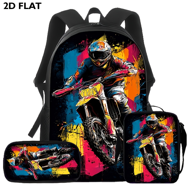 TEMU Motocross 3pcs Backpack And Pencil Case Set - Large Capacity Book Bag, 2d Flat Printing