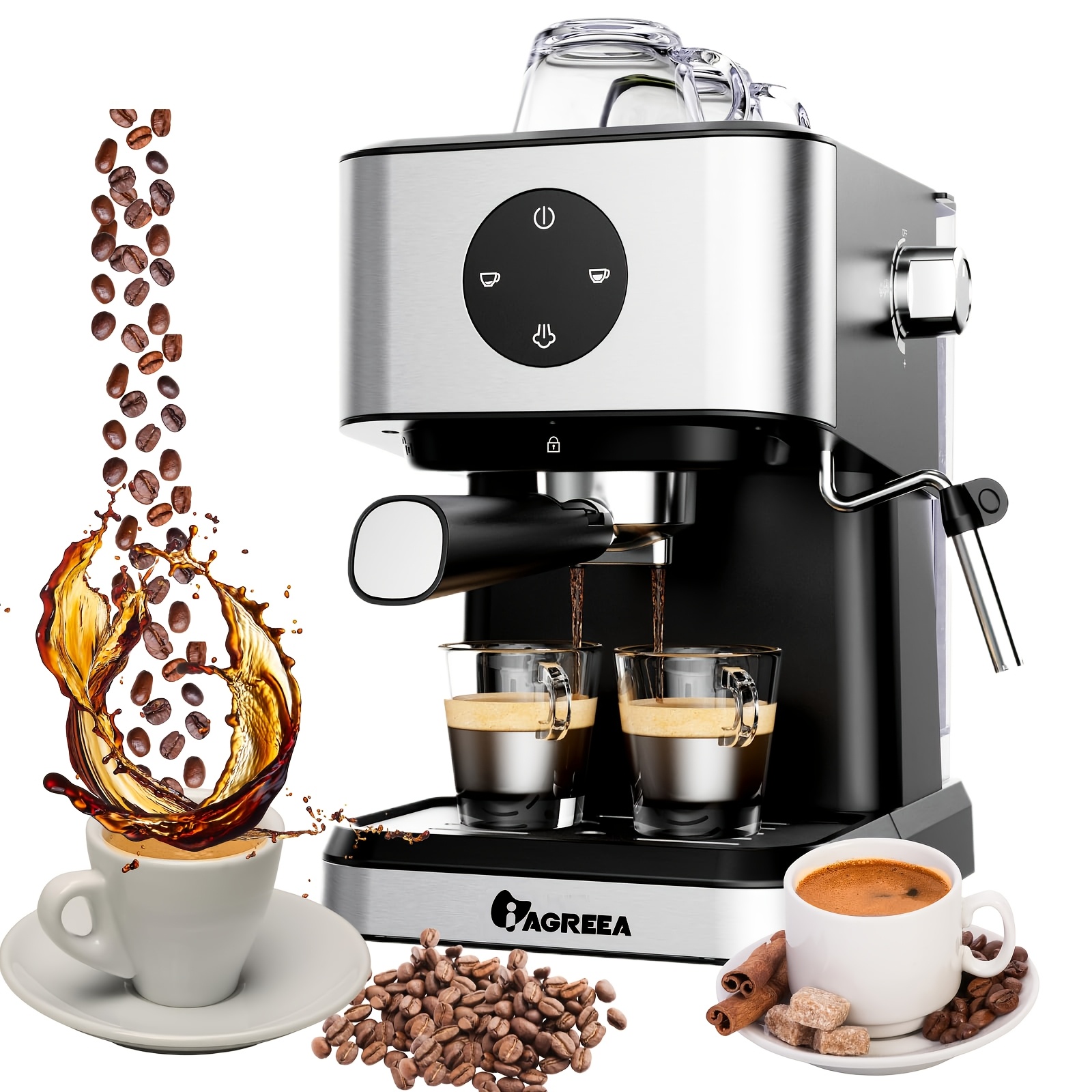 IAGREEA Italian Espresso Machine, 20Bar, 1.5L/50oz, Compact, Detachable Water Tank, Digital Touch Screen, Steam Stick, Automatic Pause, Suitable for Espresso/cappuccino, Home Brewing, Home Barista, Office, RV, 1050 W, Kitchen Accessories