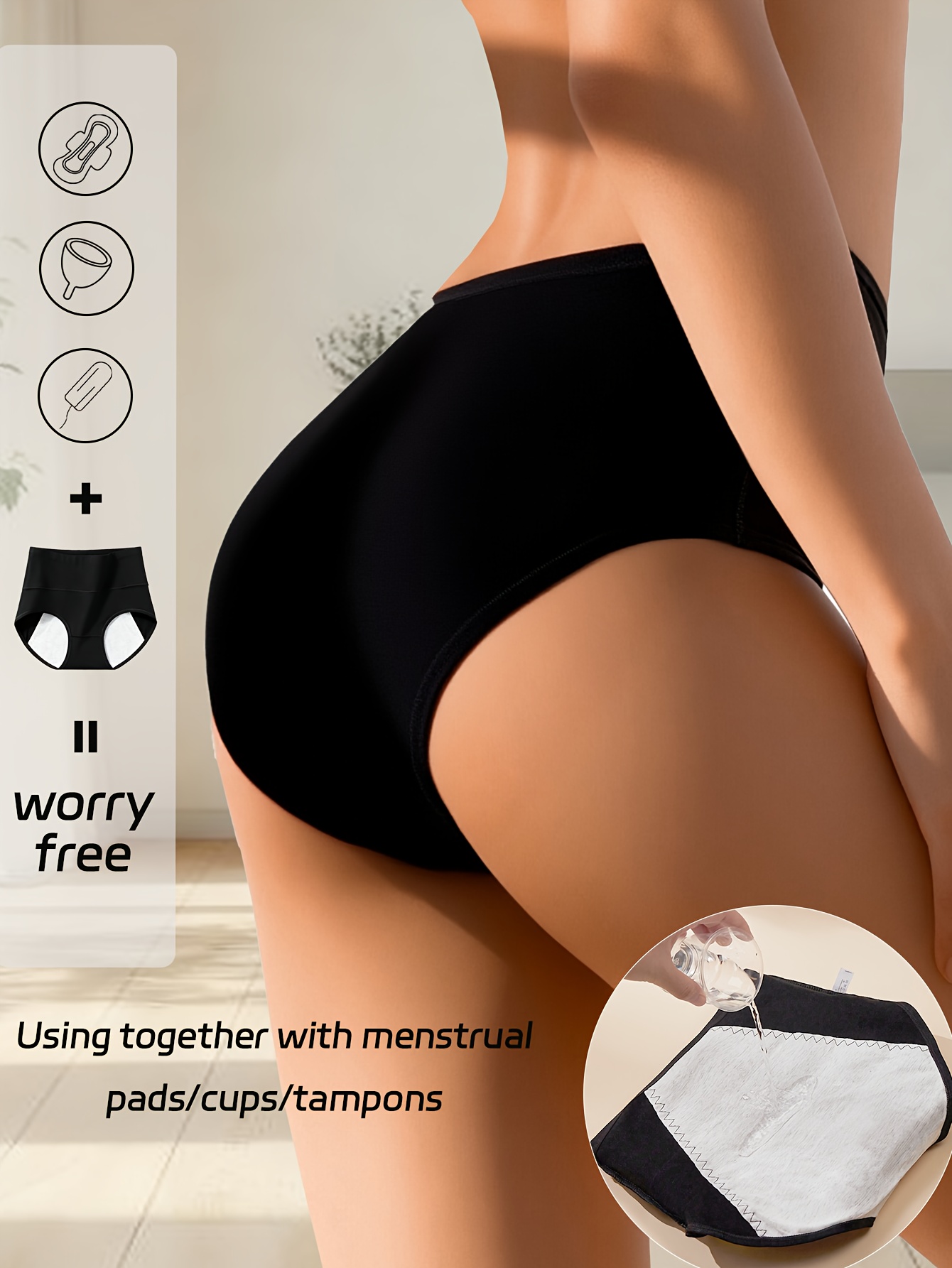 4-Pack Black High-Waist Women's Period Panties, Tummy Control, Butt Lifting, Anti-Leakage, No Crotch Riding or Waist Tightness, Suitable for Home and Commuting During Menstruation