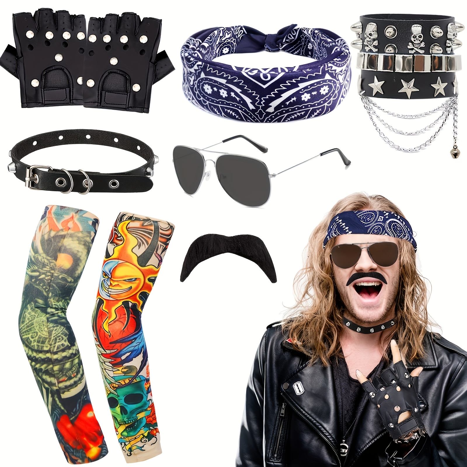 10 piezas de conjunto de traje de punk gótico, accesorios de rock heavy  metal con gafas de moda retro guantes tatuajes falsos pulsera p