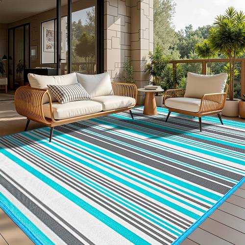 reversible outdoor indoor area mat heavy duty plastic all weather patio rug with turquoise stripes non slip backing machine washable for rv