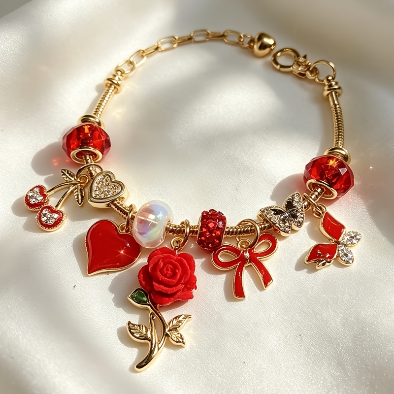 TEMU Red Rose Bead Bracelet Women's Snake Bone Chain Heart/bow//cherry/pendant Different Wrist Sizes Niche High-end Gift For Girlfriend Best Friend