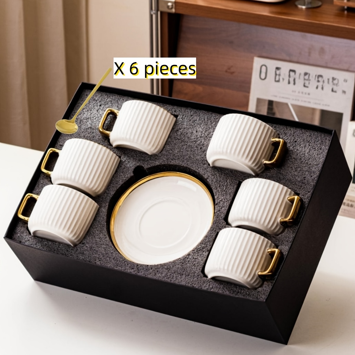 Image of 1 Set Of 6 Cups 6 Saucers And 6 Coffee Spoons With Gift Box, Gold-rimmed Design, Suitable For , Tea Drinking, Home Drinking Cup, High Aesthetic Cup And Saucer Set For Life, Holiday Gift