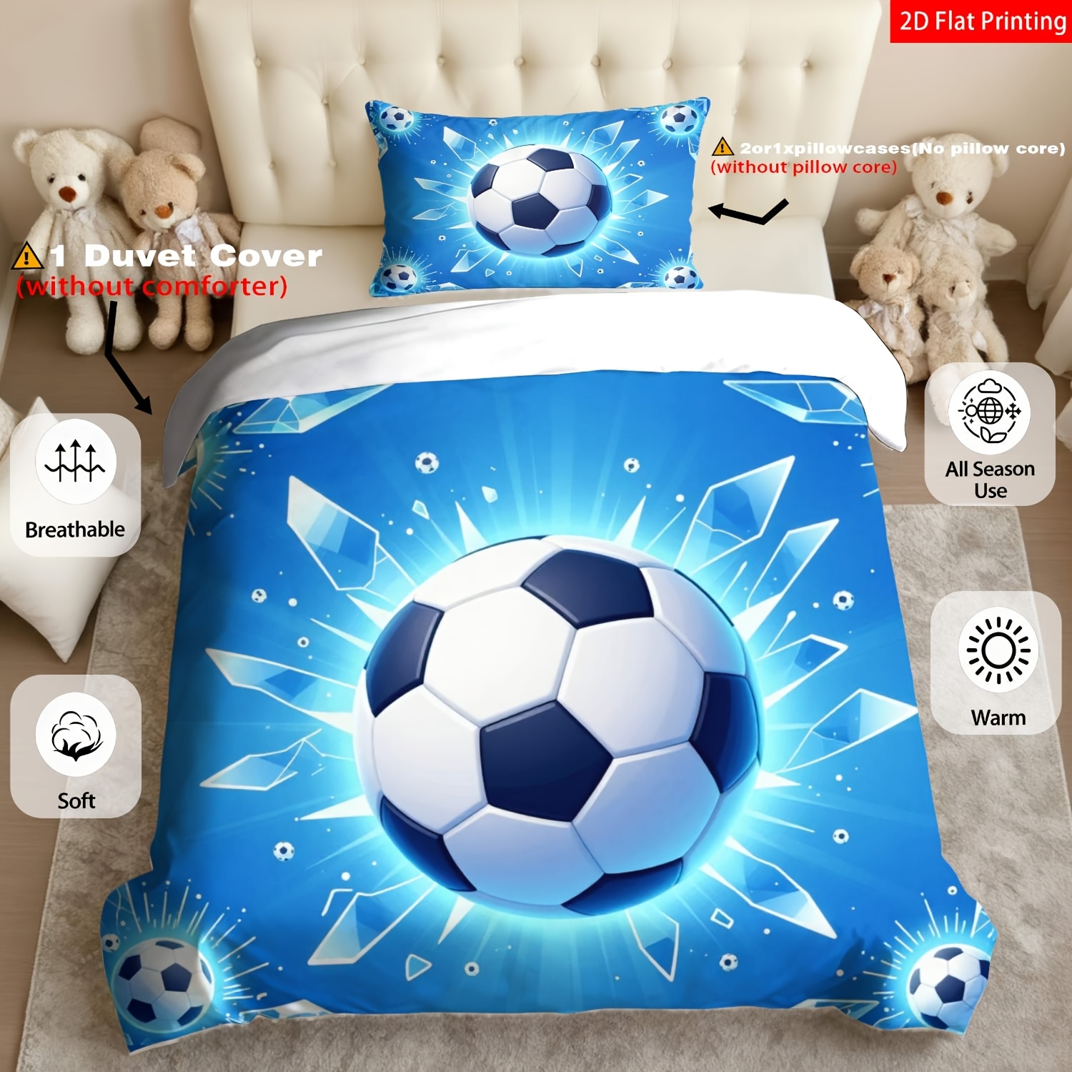 TEMU 2/3pcs 2d Flat Printing Themed Quilt Cover Bedding Blue Soccer Ball Pattern With Effects Print Suitable For Occasions(1 Duvet 1/2 Pillowcases,