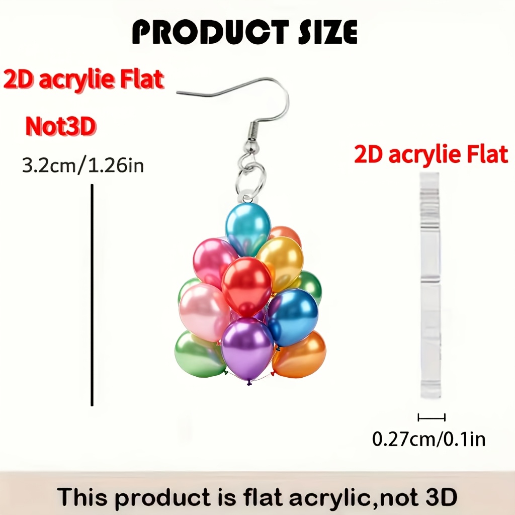 TEMU 2d Flat, 1 Pair Retro Balloon Earrings Suitable For - 2d Acrylic Pendants, Lightweight Ear Decorations For Birthday Gifts, Holiday, No Coating
