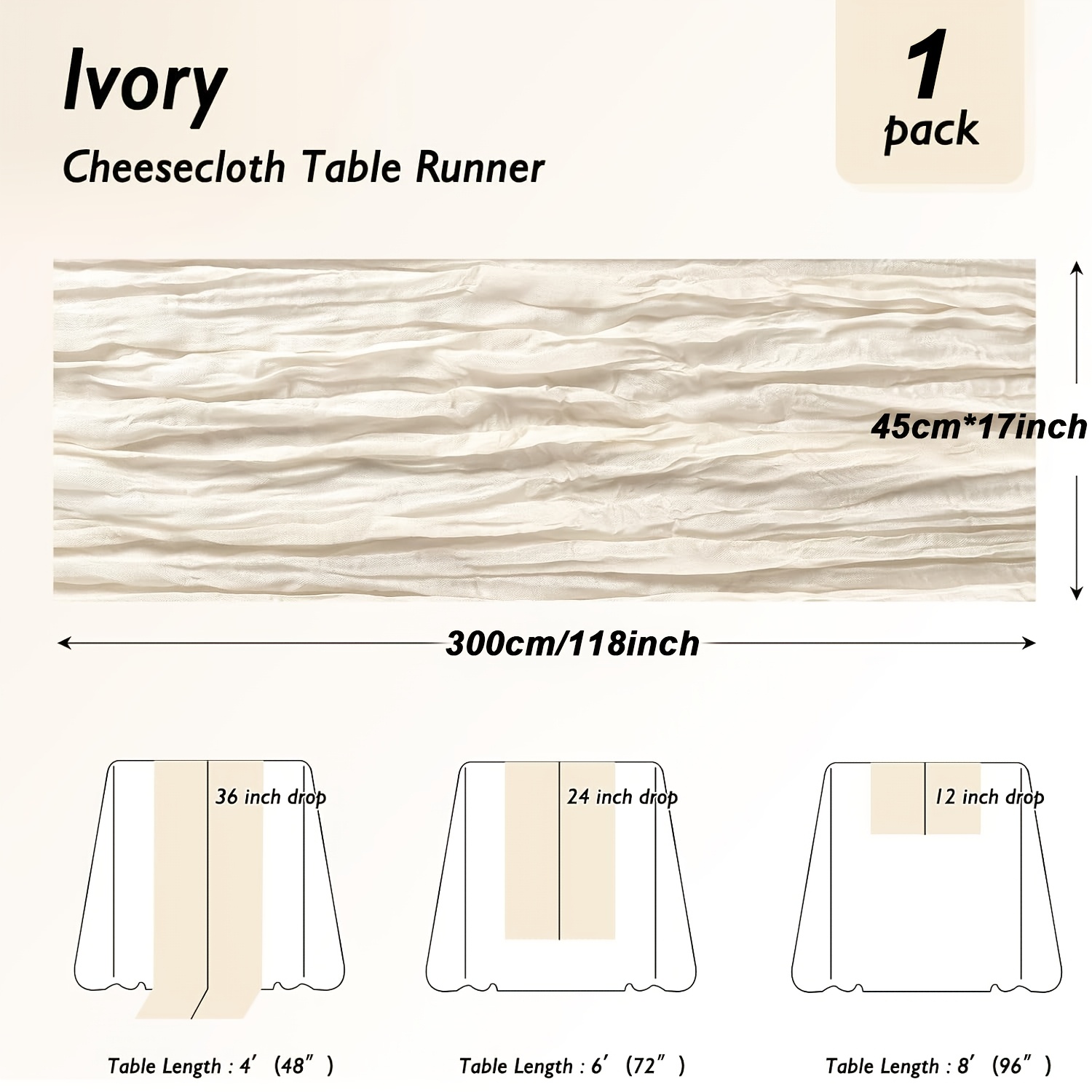 TEMU Ivory Gauze Table Runner 1pc Summer Table Runner Bohemian Style Sheer 120 Inch Gauze Tablecloth Decor For Weddings, Bridal Shower, Baby Shower