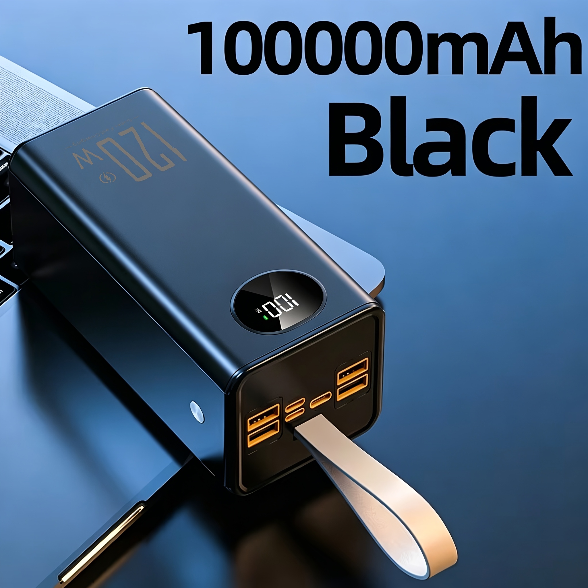 100000mah Power Bank, 120w Super Fast Charge, Ultra-large Capacity Power Bank, Display, Leather Lanyard, Outdoor Camping Led Light, Travel Backup Power Supply, Suitable For Phone, Devices, Can Charge